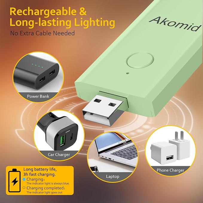 Akomid Book Light, USB Rechargeable, Eye-Cared Amber Light, 8 LEDs, Green, Modern Style, Metal & Plastic, Clip-On, Stepless Dimming, for Reading in Bed, Kids, Living Room