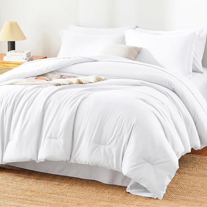 HIMEET King Comforter Set, 7-Piece Point-Quilted Bed in a Bag, White | OEKO-TEX Certified, Lightweight 240 GSM Comforter, Flat Sheet, 14-Inch Deep-Pocket Fitted Sheet, Pillowcases & Shams
