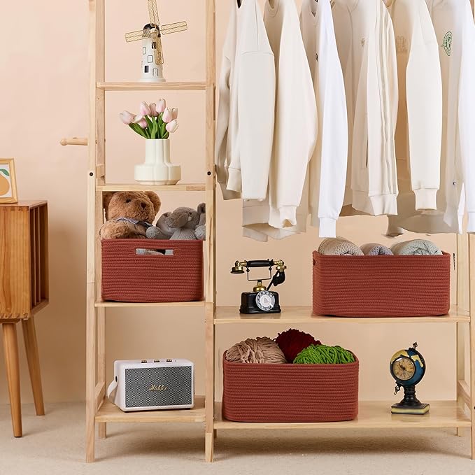 MiniArk Large Storage Baskets for Shelves, 17 x 13 x 7.5” Closet Organizers Bins for Clothes Blanket Towels, Baby Nursery, Toy Baskets Box, Woven Rope Baskets, 3 Packs Oxide Red