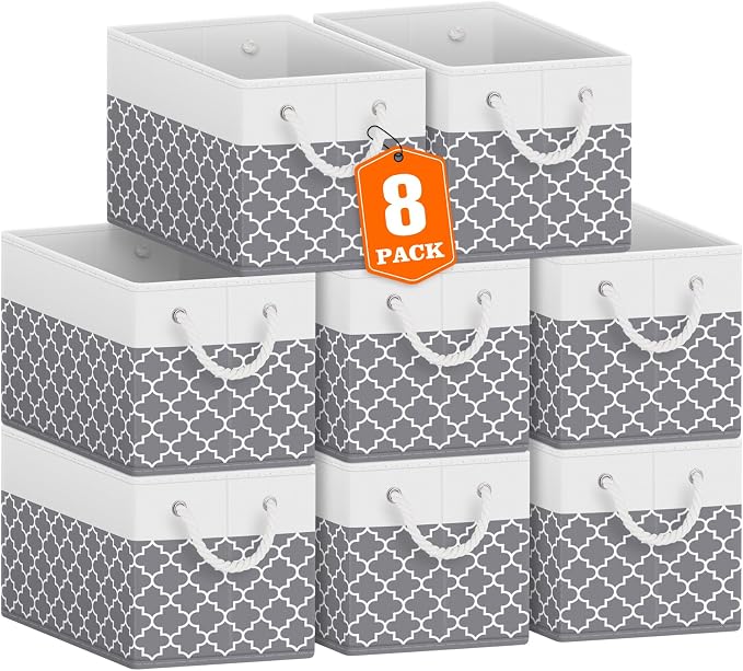 Storage Bins 8-Pack, Foldable Storage Baskets for Organizing Toys, Books, Shelves, Closet, Large Storage Box with Rope Handles, Sturdy Organizer Bins,Clover Grey