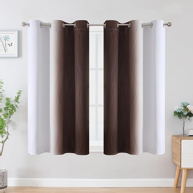 Brown and Greyish White Blackout Curtains 42Wx54L 2 Panels | Ombre Curtains for Bedroom,Thermal Insulated,Full Room Darkening,Light Blocking,Gradient Grommet Window Drapes for Bathroom
