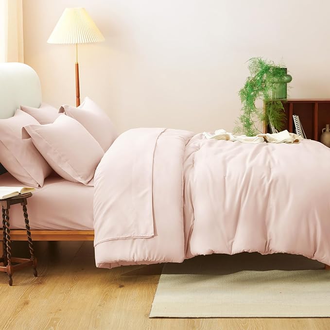 Twin Comforter Blush Pink, 5 Pieces Bed in a Bag | College Dorm Essentials, OEKO-TEX Certified, 240GSM Down Alternative Comforter, Flat & Fitted Sheets, Pillowcase & Sham