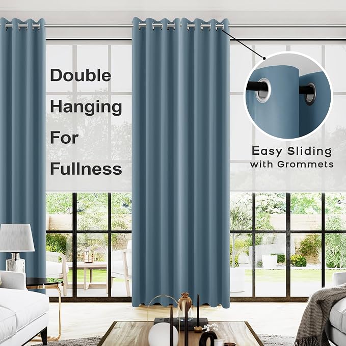 KOUFALL 108 Inch Long Blackout Curtains for Living Room, Grommet Silk Polyester Thermal Drapes 108 Inches Long 2 Panels Set, Dusty Blue