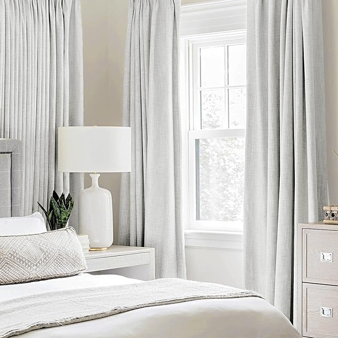 MIULEE 100% Blackout Linen Curtains for Bedroom 52x96 Inch Heathered White | Room Darkening, Light Blocking, Thermal Insulated, Grommet Top, Linen Textured, Window Curtains for Living Room, 2 Panels