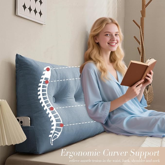 Wedge Headboard Pillow Twin XL, College Dorm Essentials Bed Reading | 39.4*15.7*5 in, back rest, lumbar support, sleeping & reading pillow, plush velvet cover, pp cotton inner, side pockets, blue