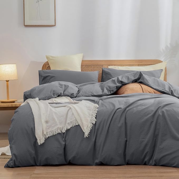BESTOUCH Cotton Solid Duvet Cover Set Quiet Shade Grey Super King Plus | 100% Washed Cotton, Soft Wrinkle Texture, Hidden Zipper, 8 Ties, Breathable Lightweight Durable Comfy, 3 Pcs No Insert