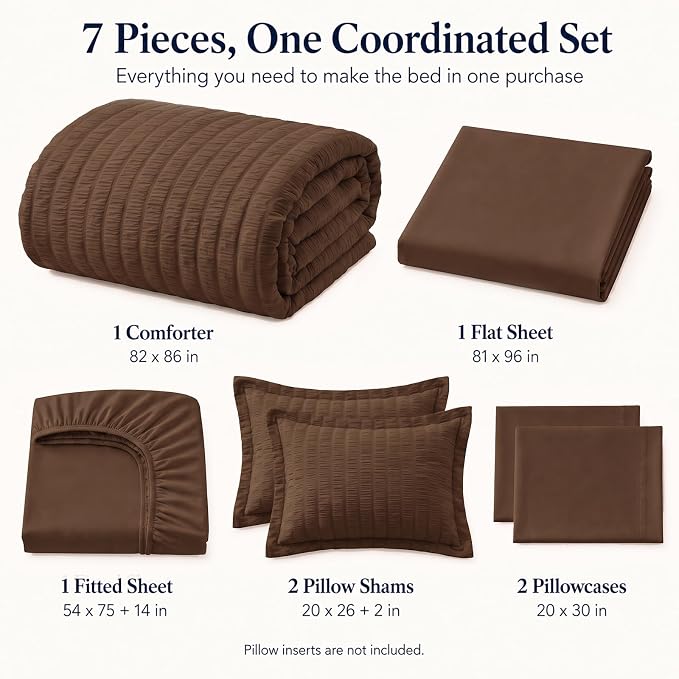 Full Size Comforter Sets, 7 Pieces Brown Seersucker Bed in a Bag | OEKO-TEX Certified, All Season Bedding Set with 240 GSM Down Alternative Comforter, Flat & Fitted Sheets, Pillowcases & Shams