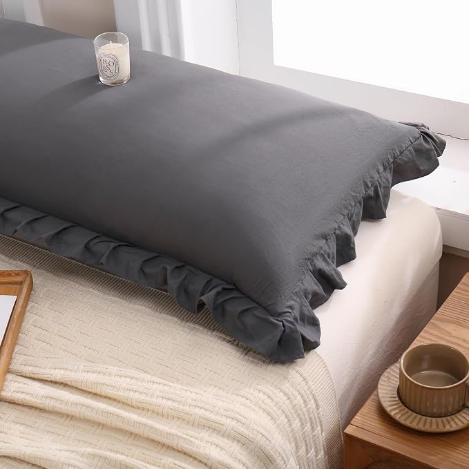 Merryword Dark Gray Body Pillow Cover 20x54inches Reversible Long Pillowcase Ruffled Body Pillowcases Cute Pillowcase Pillow Sham (1 Body, Dark Gray)