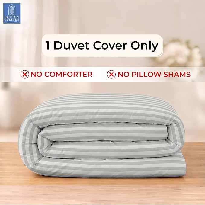1 Pc Twin Size Duvet Cover Only -100% Egyptian Cotton 600 TC Ultra Soft Premium Durable Comforter Cover Zipper Closure & Corner Ties (Striped Silver, Twin/Twin XL 68" X 90")
