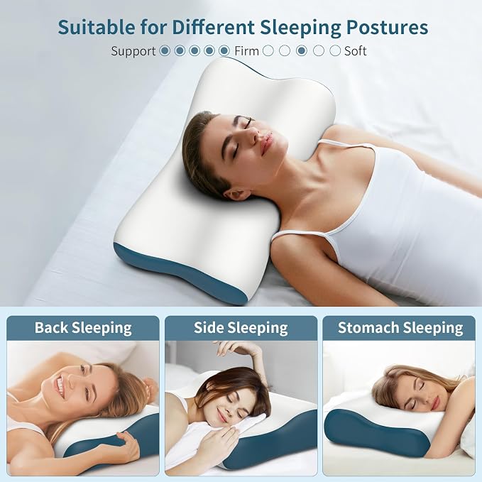 Cervical Neck Pillow for Pain Relief, Contour Memory Foam Pillows for Sleeping, Ergonomic Pillow Orthopedic Cooling Pillow Bed Pillow Neck Support for Side Back Stomach Sleepers(White&Blue)