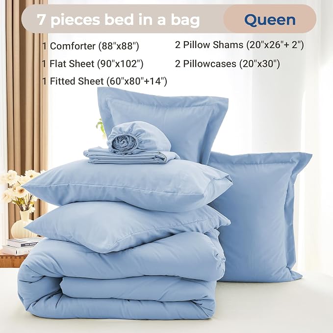 7 Pieces Queen Comforter Set, Soft Bed in a Bag Queen Size, All Season Bedding Set with Comforter, Flat Sheet, Fitted Sheet, Pillowcases & Shams, Greyish Blue