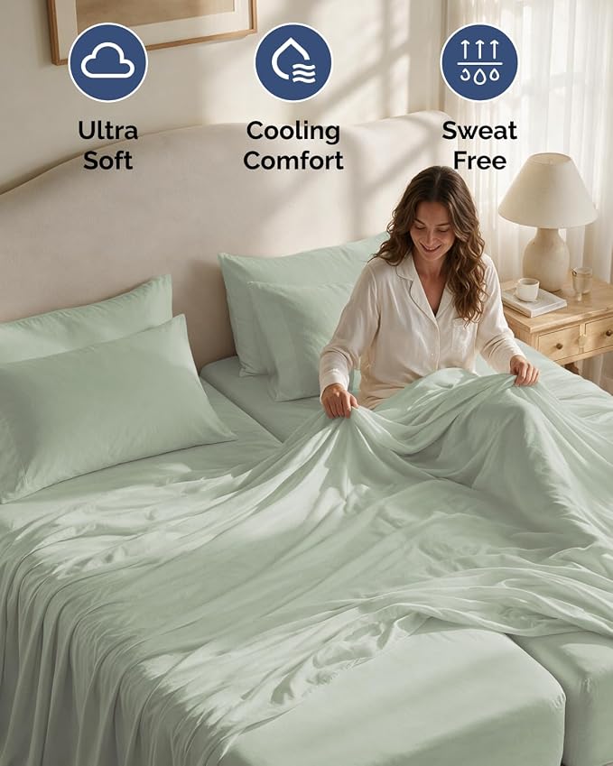 Split King 7 Piece Bed Sheet Set - Comfy, Breathable & Cooling - Eucalyptus | Ultra-Soft Hotel Luxury Bedding Set w/ 8-16 Inch Deep Pockets, 1 Flat & 2 Fitted Sheet & 4 Pillowcases, Wrinkle & Fade Free