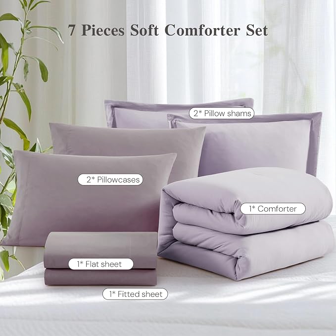Full Size Comforter Sets-7 Pieces Ultra Soft Bed in a Bag Full Bedding Sets | Prewashed All Season Comforter with Sheets, Pillow Shams & Pillowcases,Lilac