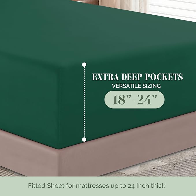 Elegant Comfort Luxurious 1500 Premium Hotel Quality Microfiber 4-Piece Sheet Set, 18-24 Inches Deep - Extra Deep Pocket Sheets - Ultra Soft 4PC Deep Pocket Sheets, Queen, Hunter Green