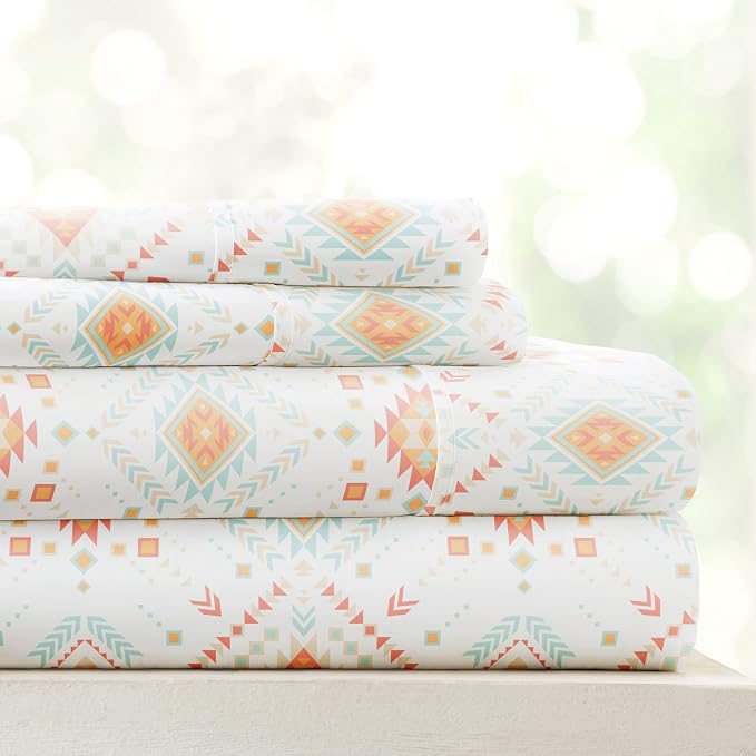 Linen Market Double-Brushed Patterned Microfiber Full Sheet Set 4 Piece – Oeko-TEX Certified Ultra Soft & Wrinkle-Free - 16" Deep Pocket Sheets - Easy Care Full Size - Aztec Dreams Coral