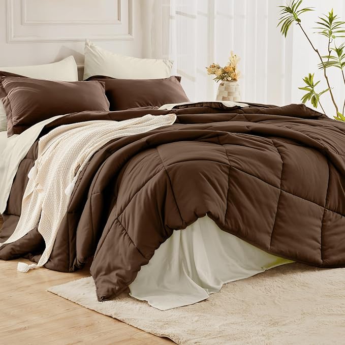 JOLLYVOGUE Oversized King Comforter Set, Ultra-Soft Bed in a Bag 7 Pieces, Oeko-TEX Certified Bedding Set with Down Alternative Comforter, Sheets, Pillowcases & Shams, Brown & Beige