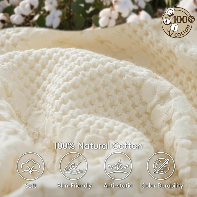 PHF Lightweight 100% Cotton Waffle Throw Blanket for Couch, Ivory | Pre-Washed Soft Cotton Comfort, Breathable Layering Warmth for Fall & Winter, Office, Travel, Sofa, Home Decor & Gifts