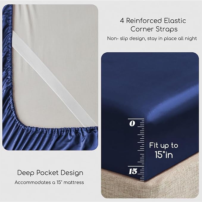 MR&HM Satin Sheets Full Size with Elastic Corner Straps, Navy Blue | Similar to Silk, 4-Piece Silky Soft Bed Sheet Set, Gentle on Skin and Hair, 15" Deep Pocket, Cooling & Breathable