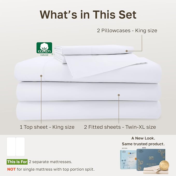 California Design Den 100% Cotton Sateen Split King Sheets Set, 5 Pc, White | 500 TC with Good Housekeeping Seal, Split King Sheets Sets for Adjustable Bed with 2 Separate Twin-XL Mattresses