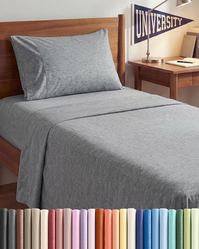 Twin XL 3 Piece Sheet Set - College Dorm Room Essentials - Heathered Grey | Deep Pocket Bed Sheets for Women, Men, Teens & Students, Soft, Cooling, Breathable & Wrinkle Free, Oeko-Tex Bed Sheet Set
