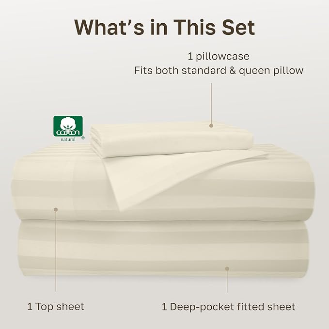 California Design Den 100% Cotton Sateen Twin Size Bed Sheet Set, 3 Pcs Set | 500 Thread Count Backed by Good Housekeeping Seal, All-Around Elastic, Durable, Easy Care, OEKO-TEX certified - Ivory Striped