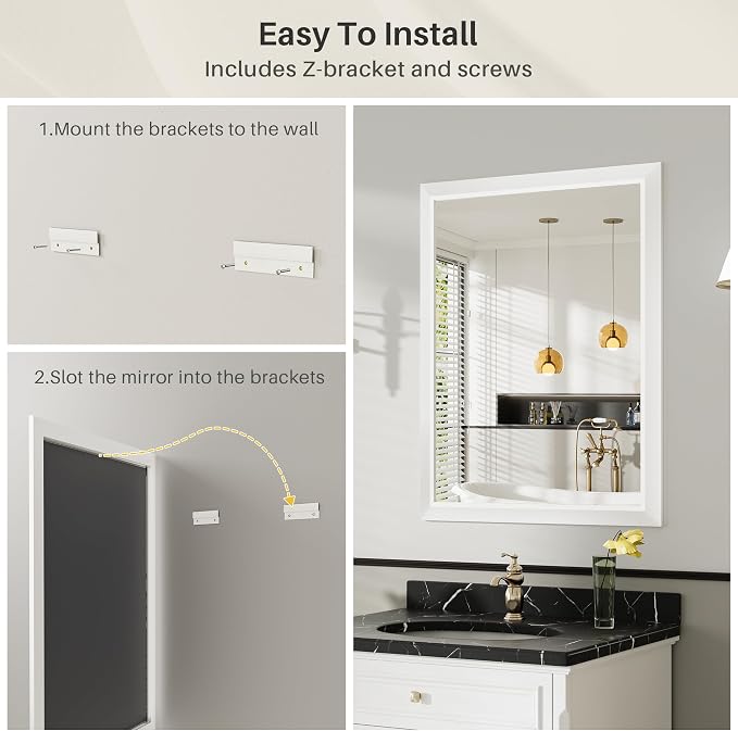 Bathroom Wall Mirror, White Metal Frame, 36x32 Inch | Anti-rust, HD tempered glass, for bathroom vanity, bedroom, living room, horizontal or vertical mount