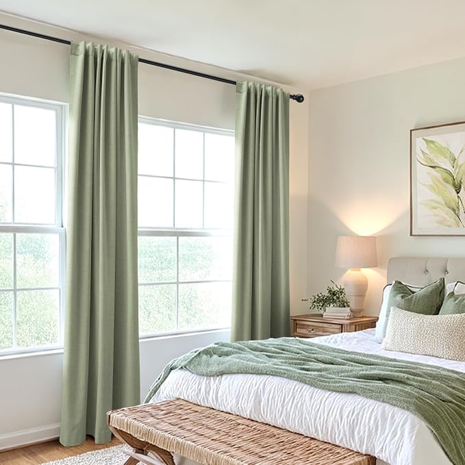 Linen Textured Total Blackout Curtains for Bedroom 90 Inches Long, Sage | 100% Blackout Shield, Back Tab/Rod Pocket Living Room Drapes, Thermal Insulated Blackout Curtains 2 Panels Set, 50"W x 90"L