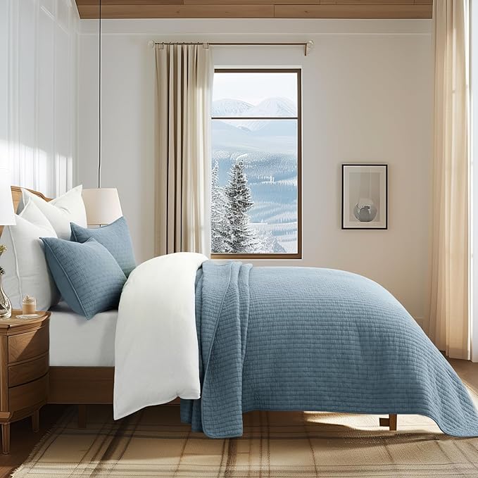 x Kinsey Walsh 100% Cotton Cross Stitch Quilt, King, Dusty Blue | 100% Cotton, Elegant Cross Stitch, Soft & Breathable, Prewashed Softness, Oversized Design, OEKO-TEX® Certified