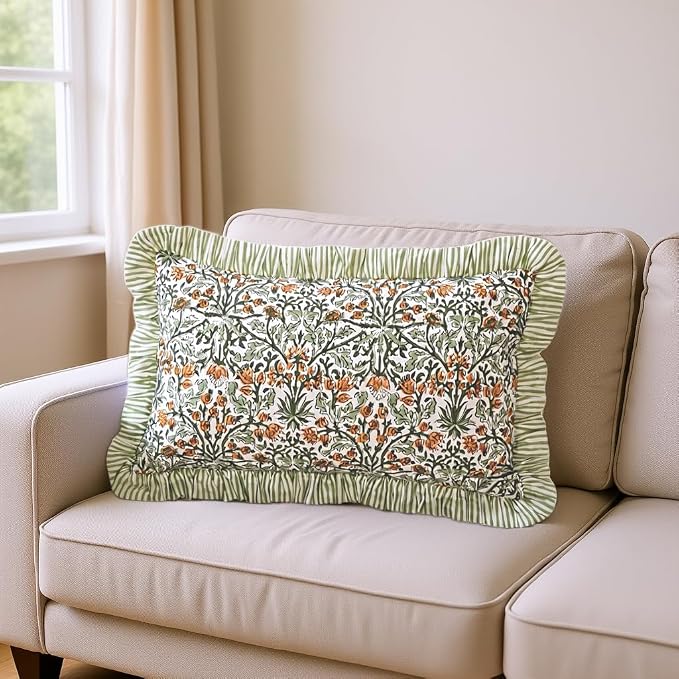 Ridhi Block Print Goldenrod Yellow Ruffle Lumbar Pillow Shams, 20" x 12" | 100% cotton, Floral Pillowcase, Cushion Cover, Hidden Zipper, Cottagecore Bedding, farmhouse boho style, fits couch, sofa,Bed
