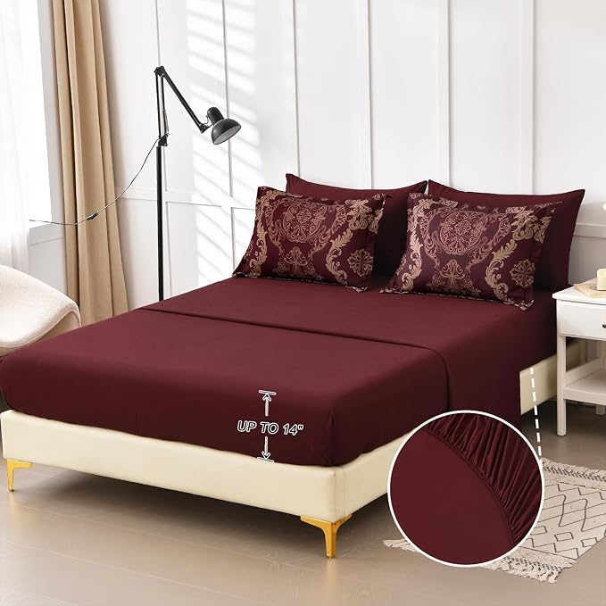 WONGS BEDDING Burgundy Comforter Set Full Size, Maroon Damask Texture 7 Pieces Bed in a Bag Microfiber Comforter Bedding Sets -1 Comforter, 1 Flat Sheet, 1 Fitted Sheet, 2 Pillow Shams,2 Pillowcases