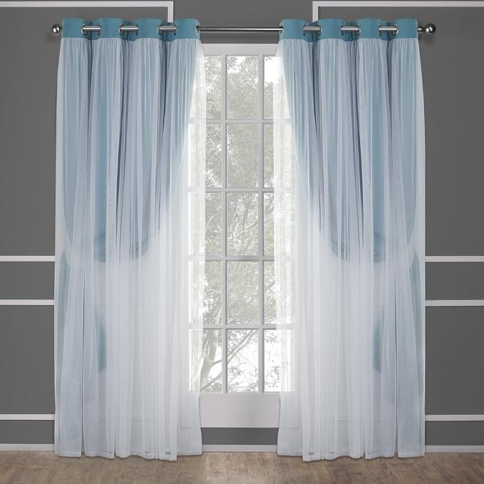 TOWN & COUNTRY LUXE Talia Double Layer Indoor Curtains, Sheer and Room Darkening Blackout, Grommet Top, Energy Efficient, 2-Pack Set, 52"x84", Turquoise