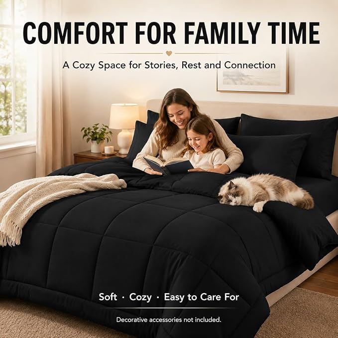 Super King Plus Comforter Set Black - 7 Pieces Bed in a Bag | OEKO-TEX Certified, All-Season, Bedroom, Guest Room, Down-Alternative Comforter + Flat & Fitted Sheets + 4 Pillowcases