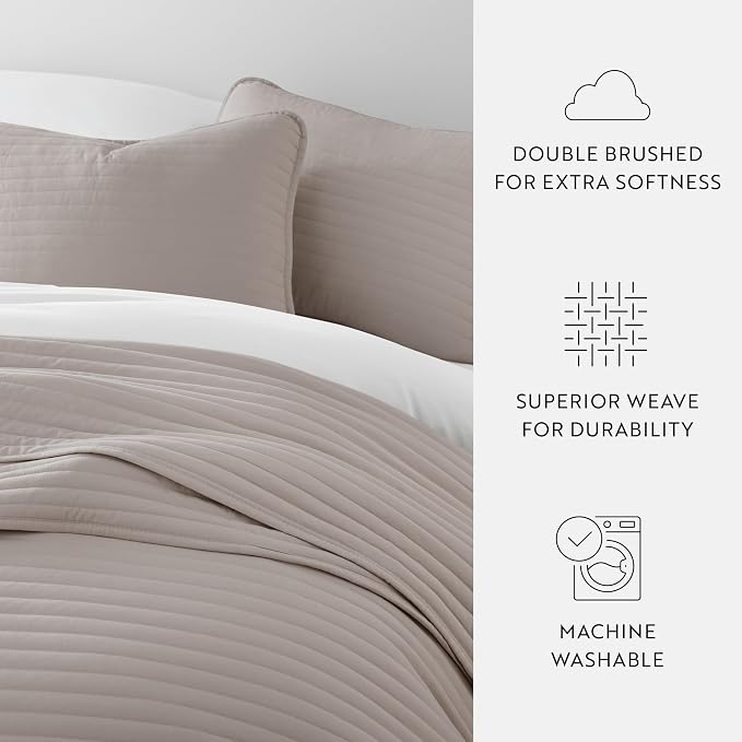 Merit Linens Modern Quilt Coverlet Soft Set in Stripe Stitching - Full/Queen Latte