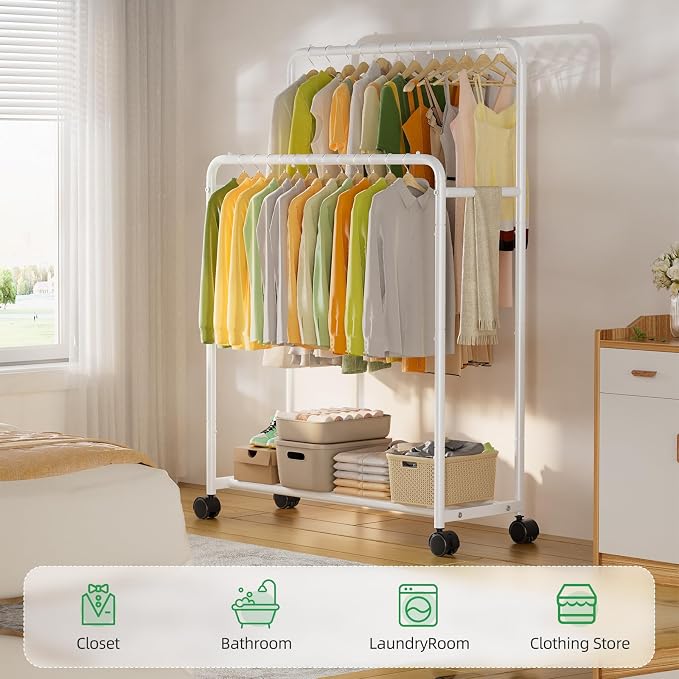 Simple Trending Clothing Clothes Rack, Double Rod Garment Rack, White | Portable Closet with Bottom Shelf, Anti-Slip Stoppers, 360° Lockable Wheels, Multiple Uses, Bedroom, Laundry Room