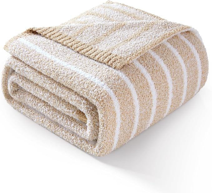 Snuggle Sac Ultra Soft Beige Throw Blanket for Couch, Reversible Cozy Knitted Ribbed Blanket for Sofa, Bed, Home Decor 50"x60"