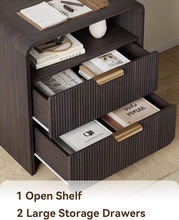 24" 2 Drawers Fluted Nightstand Set of 2, Black Walnut | 2 Drawer Bedside Table with Open Shelf, Metal Handles & Charging Station, Curved Profile End Table for Bedroom