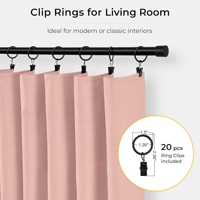 INOVADAY 100% Blackout Curtains for Bedroom Black Out Curtain 102 Inch Long | Blush Pink Living Room Curtains 2 Panels, Clip Rings Linen Look Blackout Drapes, Thermal Insulated Room Darkening,W50xL102