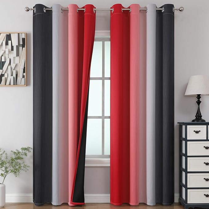 Red and Black Ombre Blackout Bedroom Curtains 102 Inches | Room Darkening, Thermal Insulated, Light Blocking, Window Gradient Grommet Drapes for Living Room/Boys Room,52Wx102L,2 Panels
