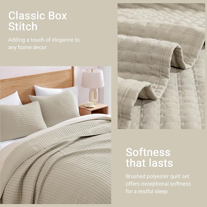 Queen Quilt Lightweight Bedspreads Oatmeal Queen Size Quilt Bedding Set | Soft Neutral Coverlet with 2 Pillow Shams for All Seasons, Suitable for Bed, Couch, 3 Pieces, 90"x94"