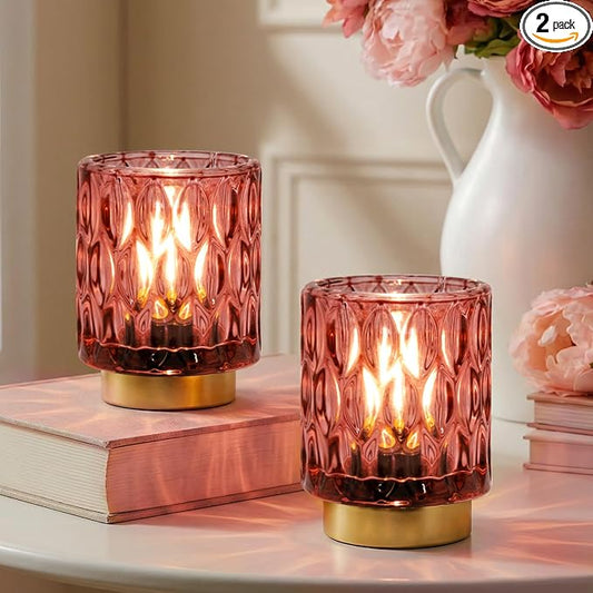 Battery Operated Table Lamp Timer, Small Cordless Lamps Decorative, 2 Pink | Mini Crystal Lamp for Area No Plug, LED Battery Powered Lamps Wireless, Glass Accent Light for Bathroom Fireplace Shelf Decor