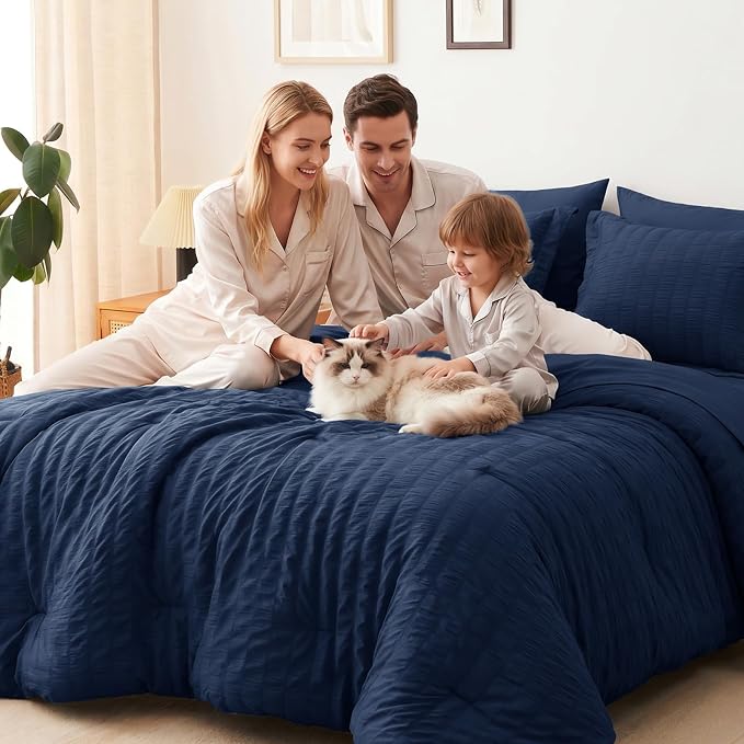 Full Size Comforter Sets 7 Pieces Navy Blue Seersucker Bed in a Bag | OEKO-TEX Certified, All Season Bedding Set with 240 GSM Down Alternative Comforter, Flat & Fitted Sheets, Pillowcases & Shams
