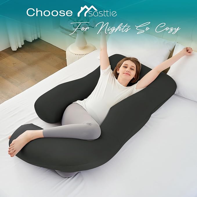 Cooling Pregnancy Pillows for Sleeping, 65'' Full Body Pillow, Black | Sasttie Maternity Pillow, OEKO-TEX, Down Alternative, Removable Cover, Pregnant Women Must Haves, Maternity Essential