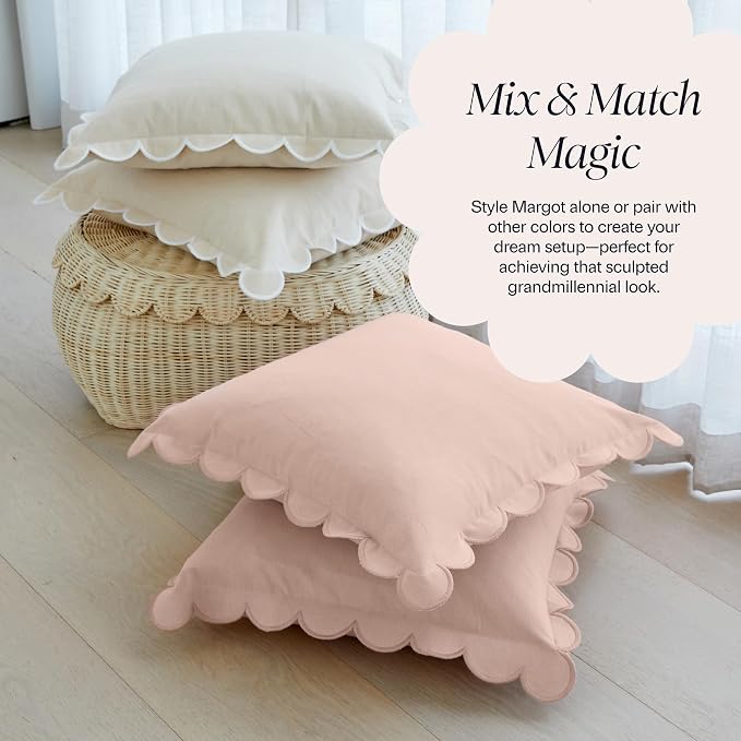 BEBE BASK Scalloped Pillow Cover Set of 2, 18x18, Cotton - Peach Pink | 100% Cotton, Scallop Pillow Covers, Grandmillennial Style, 18 by 18 Inch, Easy to Care, Machine Washable, Scalloped Pillows