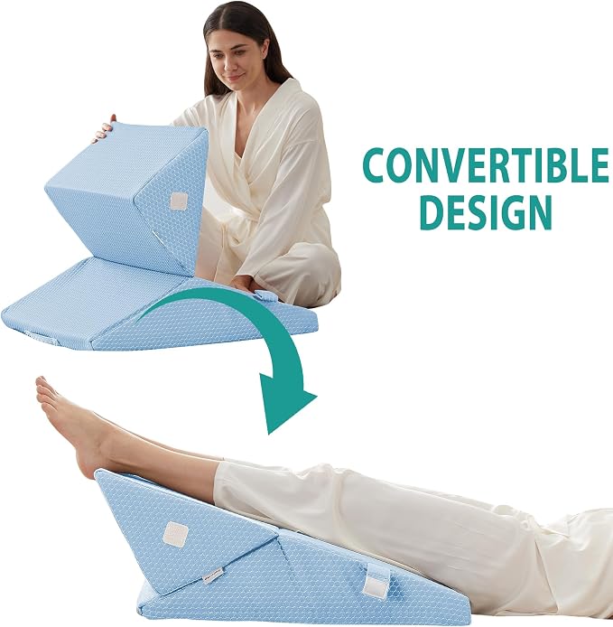 Wedge Pillow for Sleeping, Adjustable 9&12 Inch Foldable Bed Wedge Pillow Set, Orthopedic Memory Foam Triangle Pillows Wedge, 7-in-1 Elevated Pillows for Leg and Back Support, Light Blue