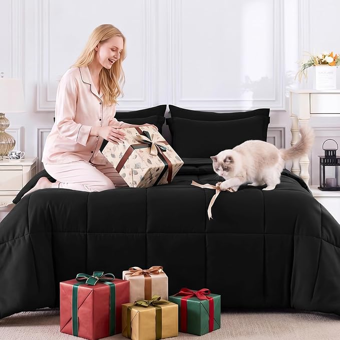 Queen Comforter Set, 7-Piece Bed in a Bag, Black | OEKO-TEX Certified, Box-Stitched Design, 240 GSM Down Alternative Fill, All-Season Comfort, Sheets, Pillowcases & Shams