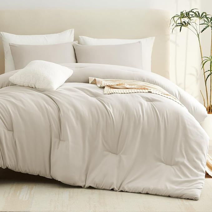 Full Comforter Set, 3 Pieces Down Alternative Bedding, Oatmeal | 270 GSM All Season Comforter with 4 Corner Ties for Use as a Duvet Insert, OEKO-TEX Certified, 2 Pillowcases, 82 x 86 in