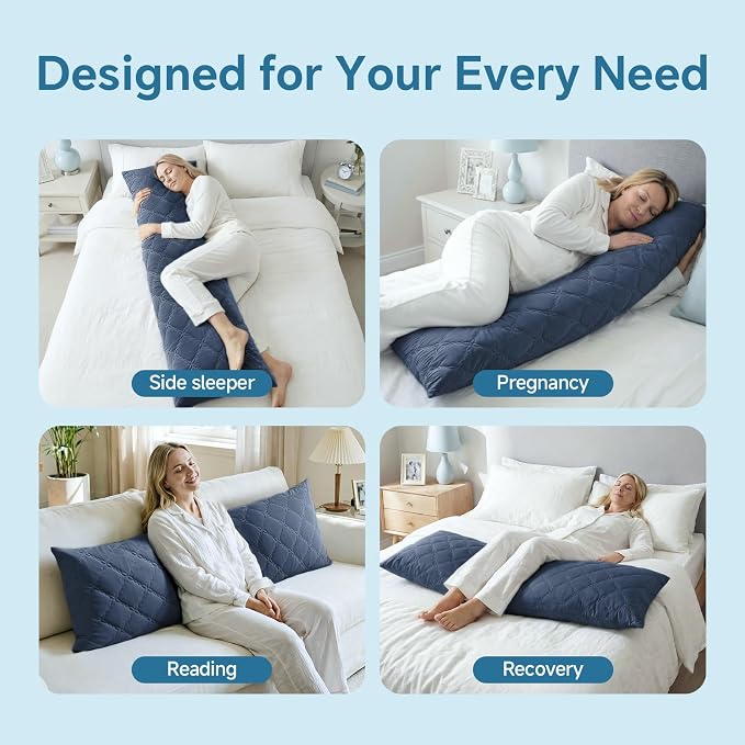 BEDELITE Cooling Body Pillow, Memory Foam Filled, Navy Blue, 20x54 Inches | Soft & Cool-Touch Quilted Nylon-Spandex Cover, Adjustable Fill, Perfect for Side Sleepers, Hot Sleepers, Pregnancy, Back Pain