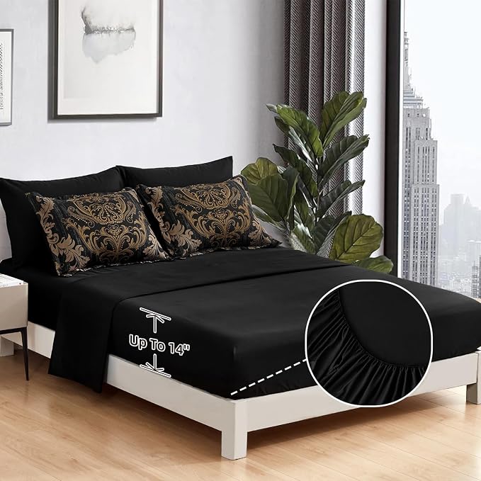 WONGS BEDDING Black Comforter Set Full Size, Gold Damask Texture 7 Pieces Bed in a Bag Microfiber Comforter Bedding Sets -1 Comforter, 1 Flat Sheet, 1 Fitted Sheet, 2 Pillow Shams, 2 Pillowcases