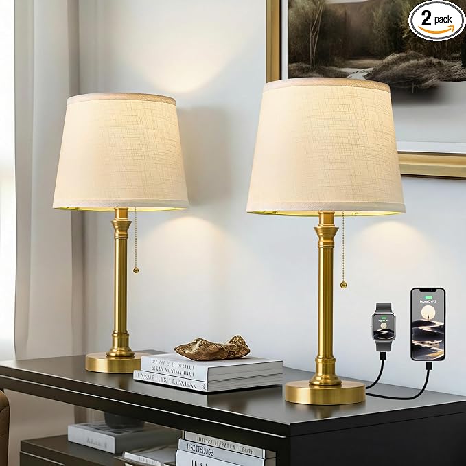 19.5" Small Table Lamp for Bedroom, Modern Brass Gold Lamp, USB A+C | Pull Chain Switch Bedside Table Lamps, White Shade, Small Nightstand Lamps for Living Room End Table & Desk Light