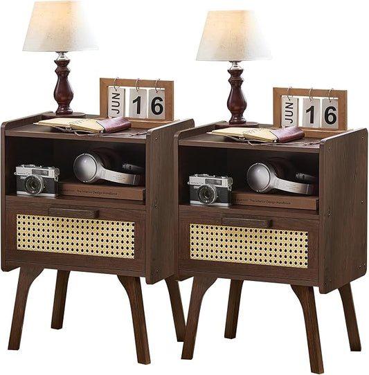 Lerliuo Rattan Nightstands Set of 2, Bedside Table with Drawer Open Shelf | Cane Accent Side End Table with Solid Wood Legs, Walnut Vintage Night Stand for Bedroom, Dorm and Small Spaces